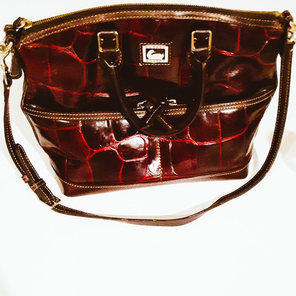 AUTHENTIC DOONEY & BOURKE BROWN CROCO EMBOSSED LEATHER SACHEL BUCKET BAG